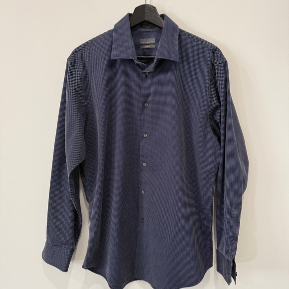 Calibrate Trim Fit Navy and White Checkered Men's Dress Shirt 16 - Picture 1 of 17